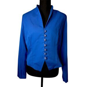Womens Royal Blue Military Fitted Blazer - L Mandarin Collar Retro Tailored Chic